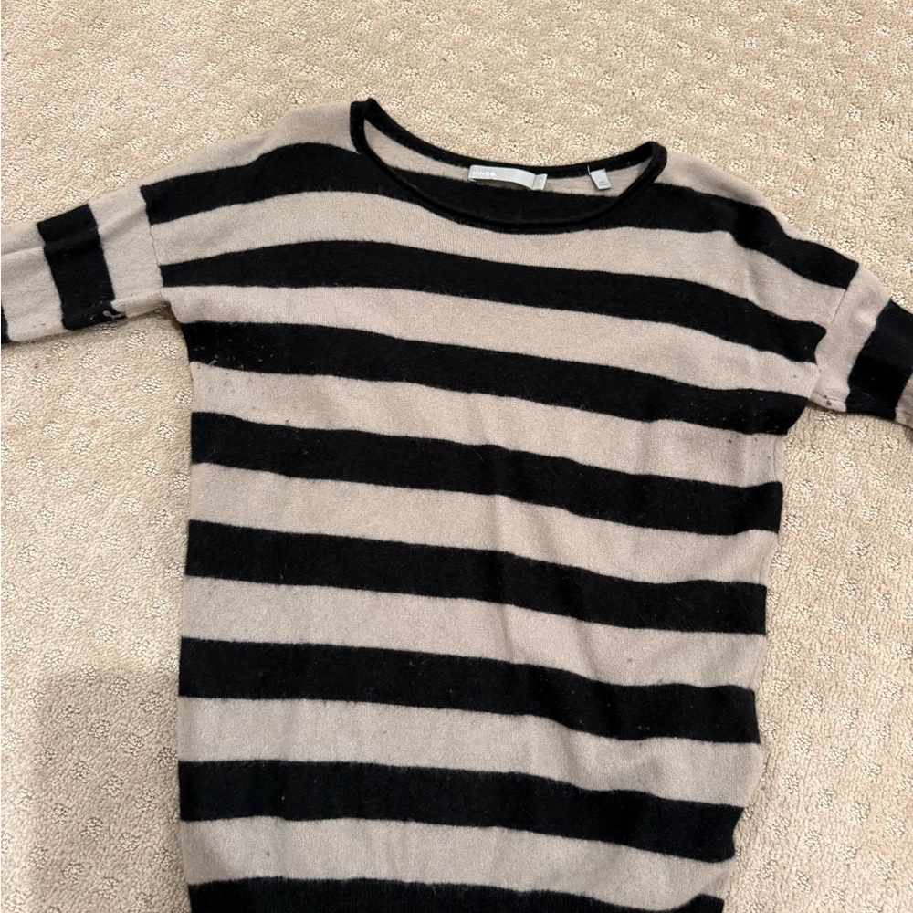 Vince Black and Beige Striped Short Sleeve Sweater